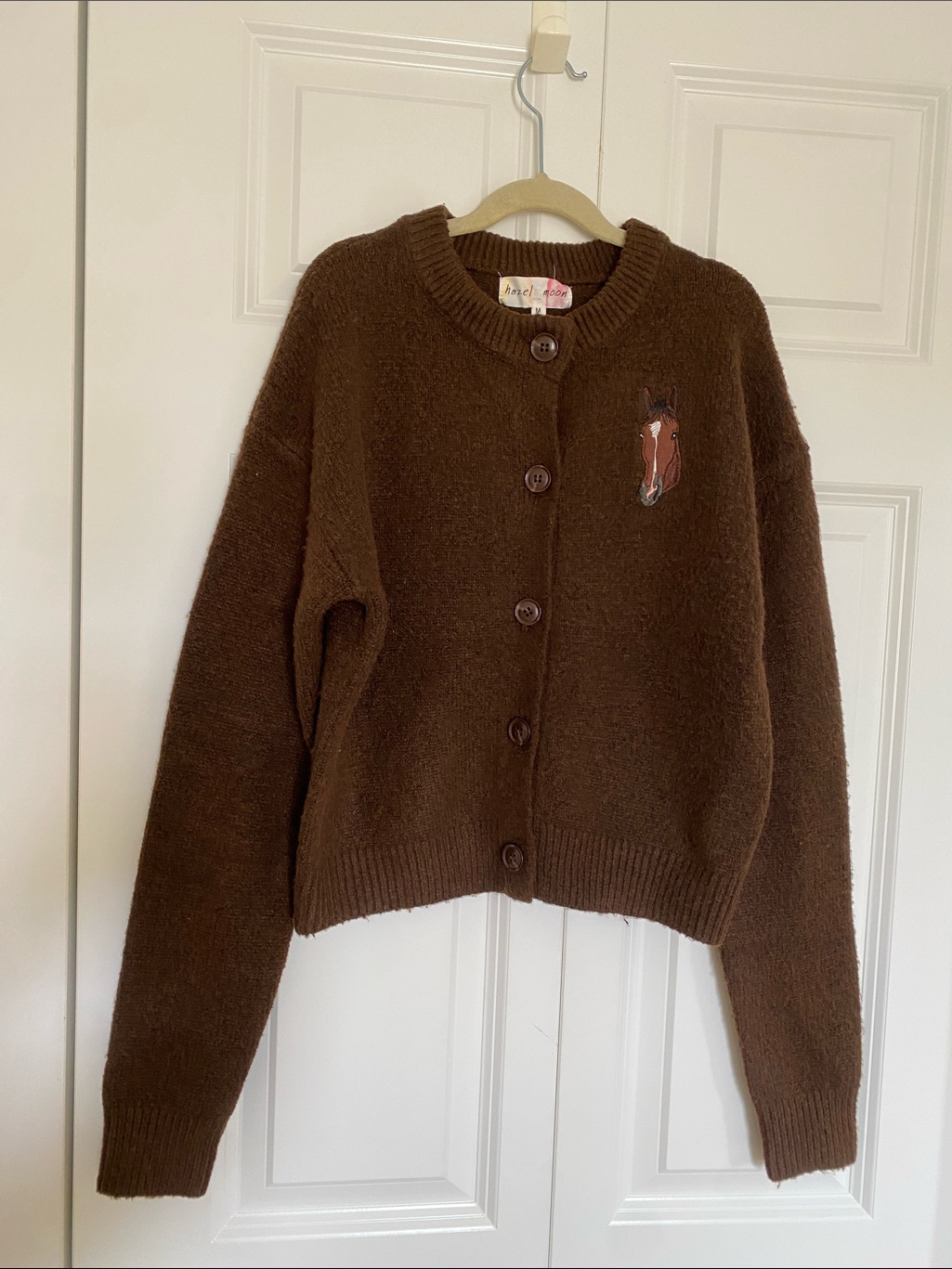 Brown Button-Up Cardigan With Horse Embroidery